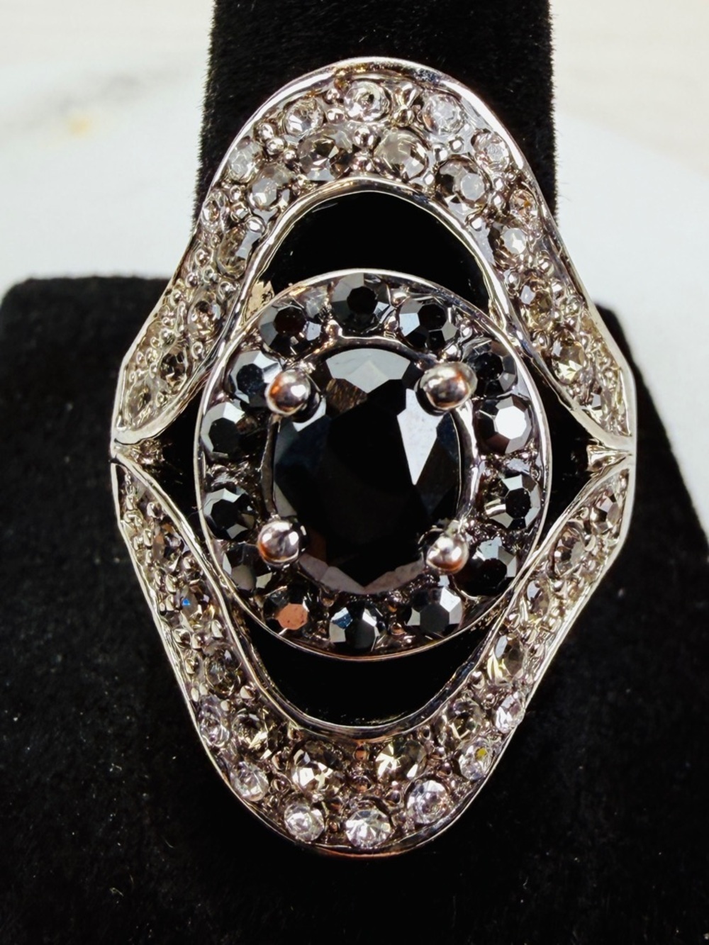 Vintage silvertone, dark and clear bling statement ring